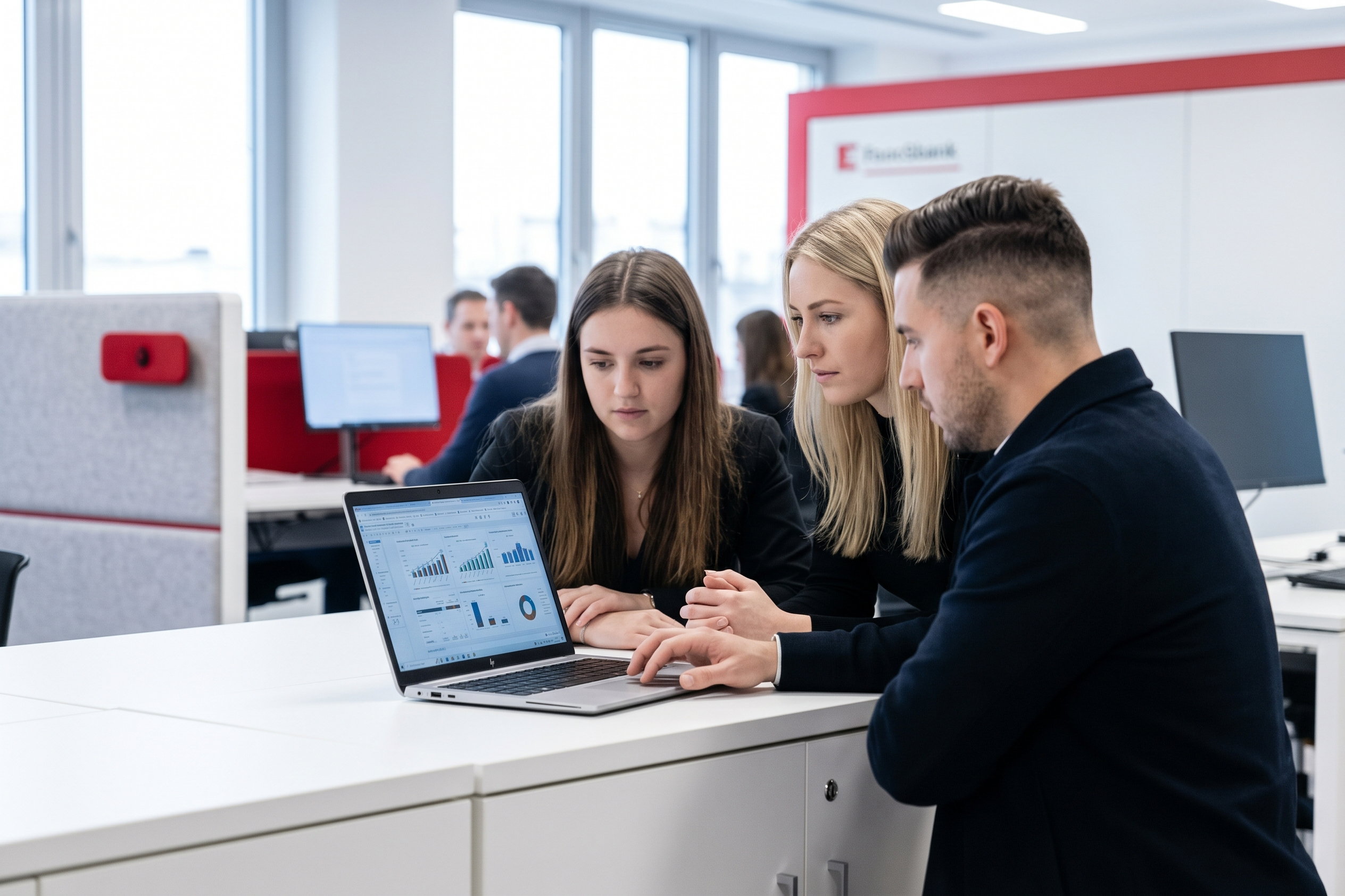 Three finance professionals analyzing financial dashboards on a laptop to assess data readiness for AI.