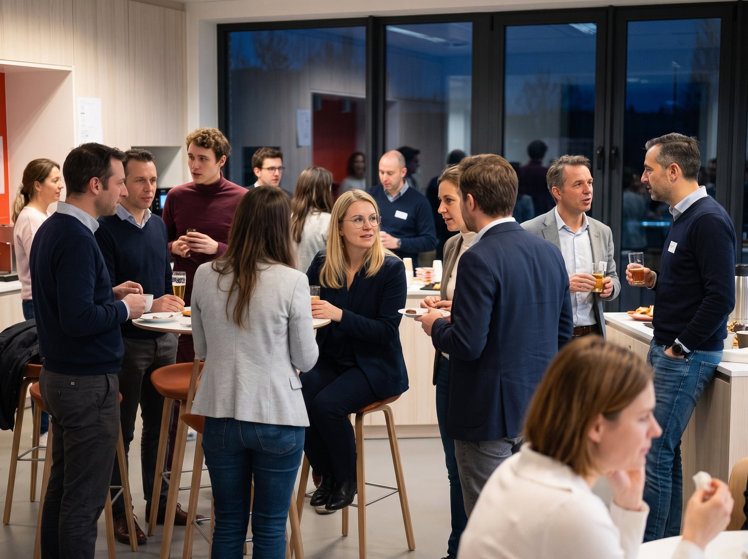Finance and data professionals networking during the evening Power BI deep dive session at TriFinance and dataMinds in Zaventem.
